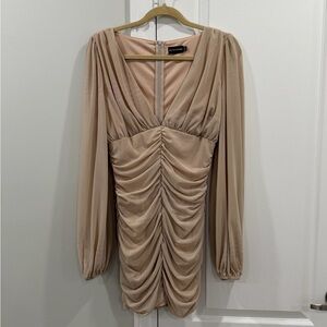 PrettyLittleThing Beige Long Sleeve Ruched Dress